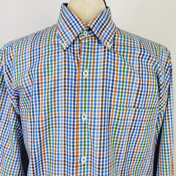 Peter Millar SZ L 100% Cotton Blue Orange Green White Check Button Down Shirt - Picture 3 of 7